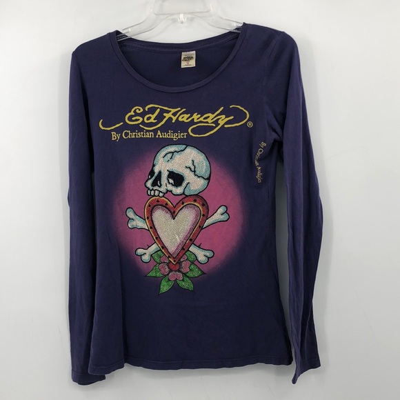 Ed Hardy Tops - Vintage Ed Hardy Christian Audigier Skull In Love Long Sleeve Rhinestones Size S